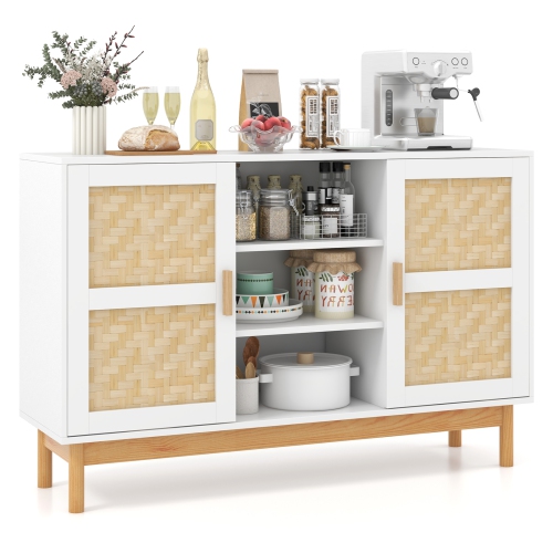 Costway 48" Sideboard Buffet Cabinet with 2 Bamboo Woven Doors 3 Open Shelves for Kitchen