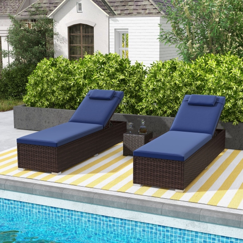 Costway 2 PCS Patio Chaise Lounge with 6-level Backrest Comfy Seat Cushion & Headrest Backyard Navy