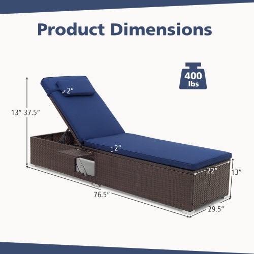 Costway 1 PCS Patio Chaise Lounge with 6-level Backrest Comfy Seat Cushion & Headrest Backyard Navy