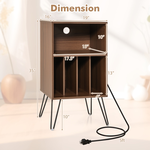 Costway 1 PCS 3-Tier Record Player Stand with Charging Station Shelf & 4 Dividers for Bedroom