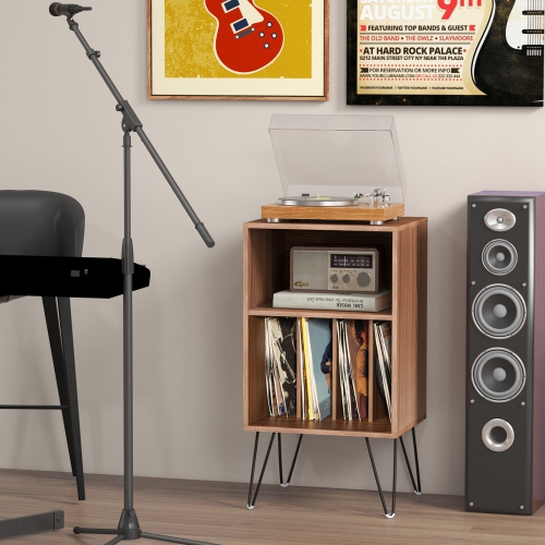 Costway 1 PCS 3-Tier Record Player Stand with Charging Station Shelf & 4 Dividers for Bedroom