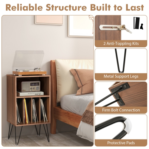 Costway 1 PCS 3-Tier Record Player Stand with Charging Station Shelf & 4 Dividers for Bedroom