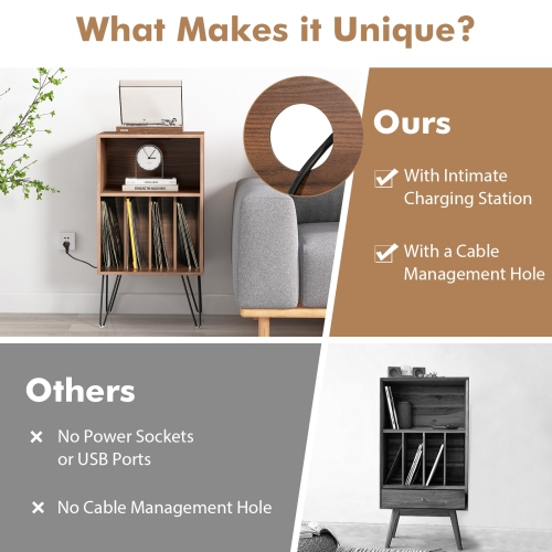 Costway 1 PCS 3-Tier Record Player Stand with Charging Station Shelf & 4 Dividers for Bedroom