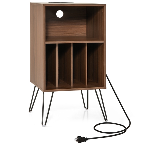 Costway 1 PCS 3-Tier Record Player Stand with Charging Station Shelf & 4 Dividers for Bedroom