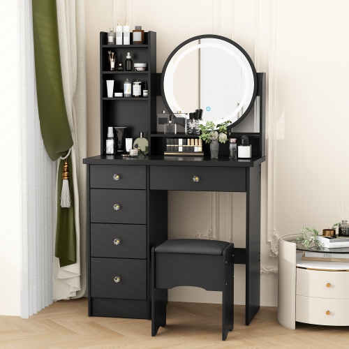 Ensemble coiffeuse Famapy avec miroir illuminé, coiffeuse avec 5 tiroir et tablette, coiffeuse avec écran tactile pour chambre(31,5 larg. X 15,7