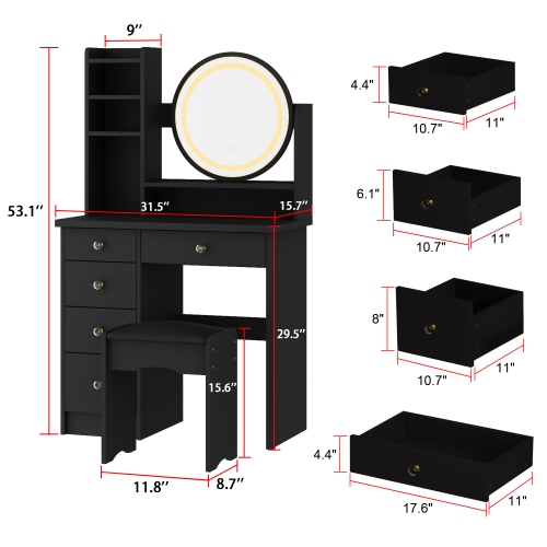 Ensemble coiffeuse Famapy avec miroir illuminé, coiffeuse avec 5 tiroir et tablette, coiffeuse avec écran tactile pour chambre(31,5 larg. X 15,7
