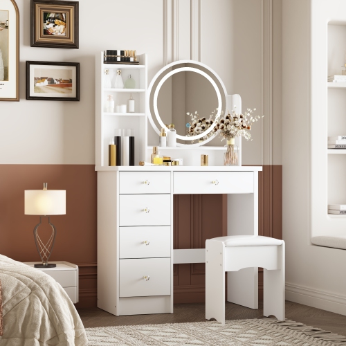 Famapy Vanity Desk Set with Lighted Mirror, Makeup Vanity with 5 Drawer & Shelf, Dressing Table with Touch Screen Light for Bedroom, White