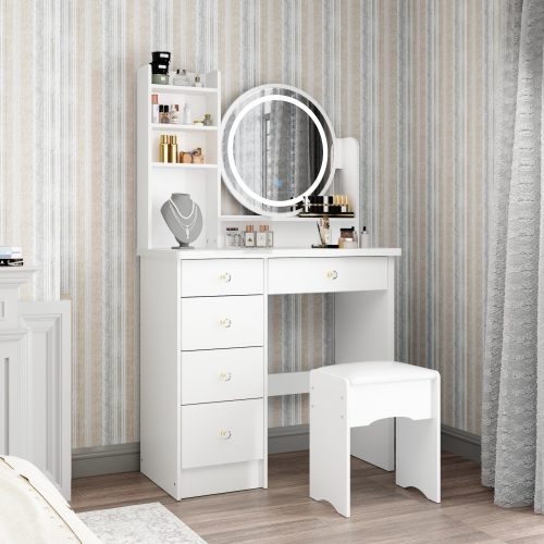 Famapy Vanity Desk Set with Lighted Mirror, Makeup Vanity with 5 Drawer & Shelf, Dressing Table with Touch Screen Light for Bedroom, White