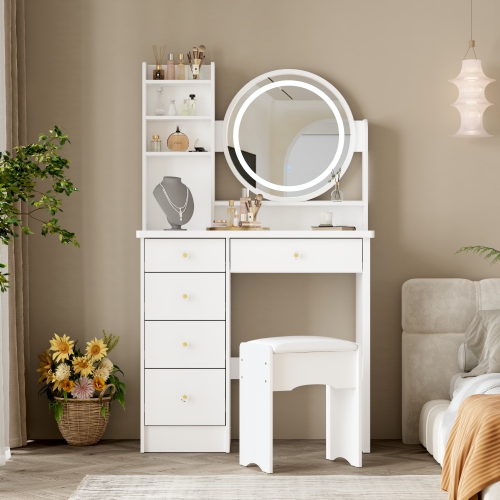 Famapy Vanity Desk Set with Lighted Mirror, Makeup Vanity with 5 Drawer & Shelf, Dressing Table with Touch Screen Light for Bedroom, White