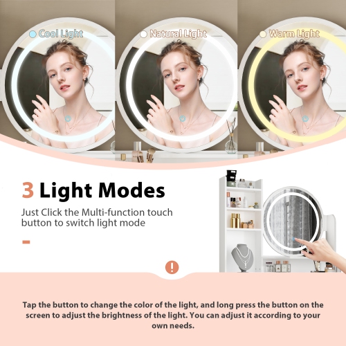 Famapy Vanity Desk Set with Lighted Mirror, Makeup Vanity with 5 Drawer & Shelf, Dressing Table with Touch Screen Light for Bedroom, White