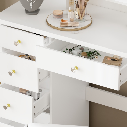 Famapy Vanity Desk Set with Lighted Mirror, Makeup Vanity with 5 Drawer & Shelf, Dressing Table with Touch Screen Light for Bedroom, White