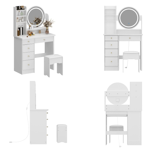 Famapy Vanity Desk Set with Lighted Mirror, Makeup Vanity with 5 Drawer & Shelf, Dressing Table with Touch Screen Light for Bedroom, White