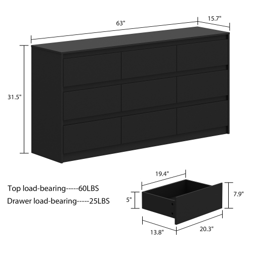 Famapy 9 Drawer Dresser for Bedroom with Deep Drawers, Large Floor Wood Dressers Handle Free, Modern Long Dressers, Black