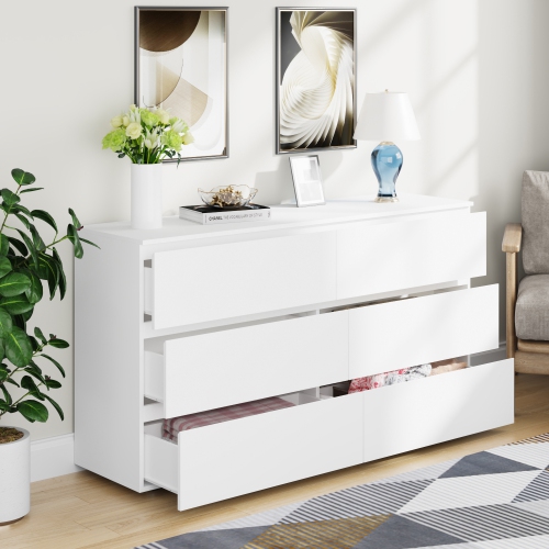 Famapy 6 Drawer Dresser for Bedroom, White Handle-free Dresser with Pop-out Drawers, Wood Storage Chest of Drawers for Bedroom Organize White