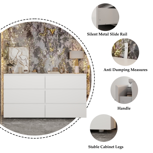 Famapy 6 Drawer Dresser for Bedroom, White Handle-free Dresser with Pop-out Drawers, Wood Storage Chest of Drawers for Bedroom Organize White