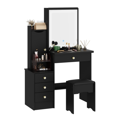 Famapy Vanity Desk Set Makeup Table with Large Lighted Mirror, Dressing Table with 4 Drawers, 1 Storage loker & Cushioned Stool for Bedroom, Black