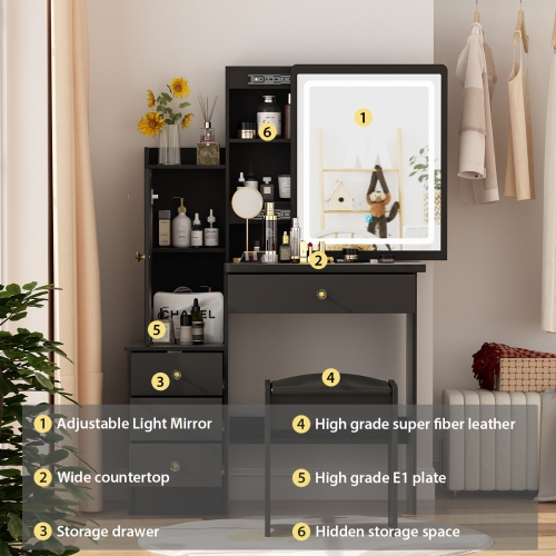 Famapy Vanity Desk Set Makeup Table with Large Lighted Mirror, Dressing Table with 4 Drawers, 1 Storage loker & Cushioned Stool for Bedroom, Black