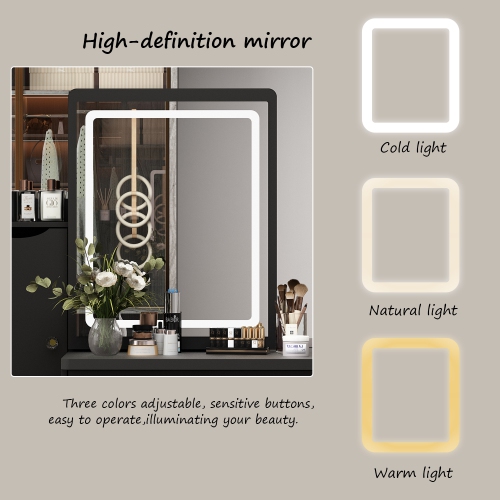 Famapy Vanity Desk Set Makeup Table with Large Lighted Mirror, Dressing Table with 4 Drawers, 1 Storage loker & Cushioned Stool for Bedroom, Black