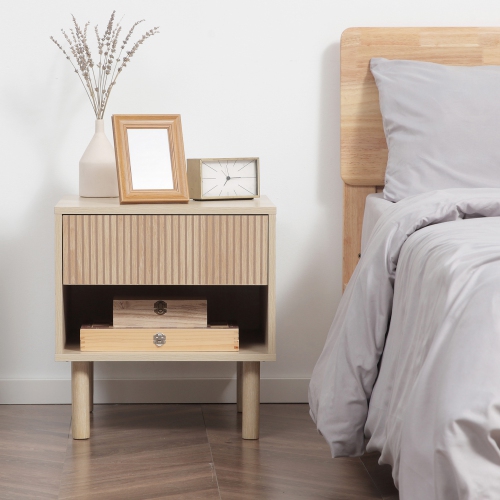 HOMCOM Modern Nightstand Set of 2, Bedside Table with Drawer and Open Shelf, Side End Table for Bedroom, Natural Wood