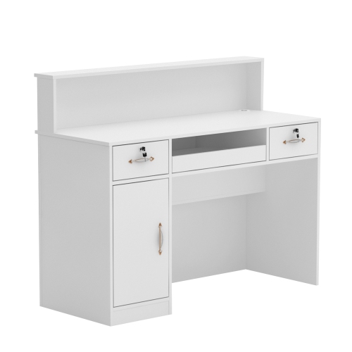 Famapy Reception Desk with Counter, Retail Counter with Lighted Display Shelf & Lockable Drawers, for Salon Reception Room Checkout Office, White