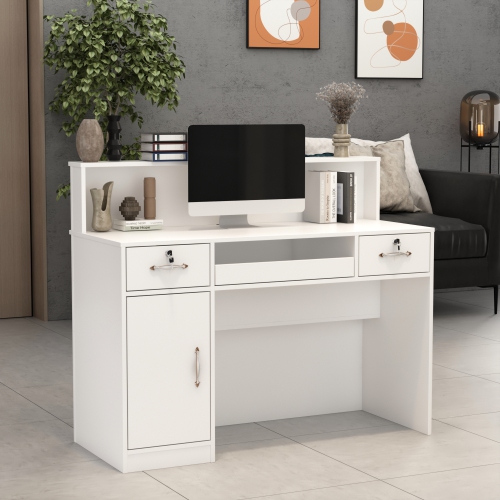 Famapy Reception Desk with Counter, Retail Counter with Lighted Display Shelf & Lockable Drawers, for Salon Reception Room Checkout Office, White