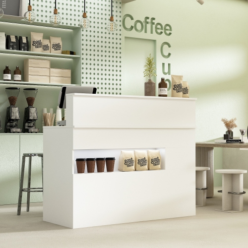 Famapy Reception Desk with Counter, Retail Counter with Lighted Display Shelf & Lockable Drawers, for Salon Reception Room Checkout Office, White