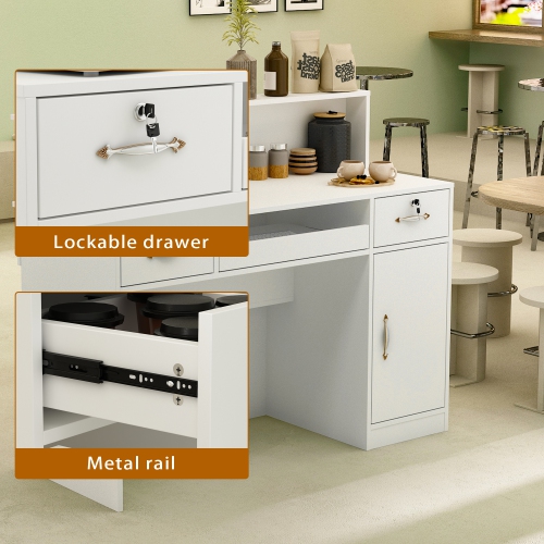Famapy Reception Desk with Counter, Retail Counter with Lighted Display Shelf & Lockable Drawers, for Salon Reception Room Checkout Office, White