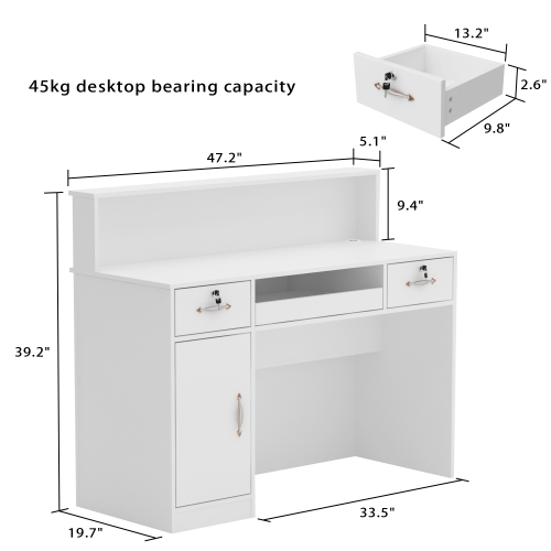 Famapy Reception Desk with Counter, Retail Counter with Lighted Display Shelf & Lockable Drawers, for Salon Reception Room Checkout Office, White