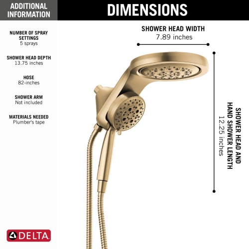 DELTA FAUCET 58680-CZ25 HydroRain H2Okinetic 5-Setting Two-in-One, Champagne Bronze Head with Hand Shower