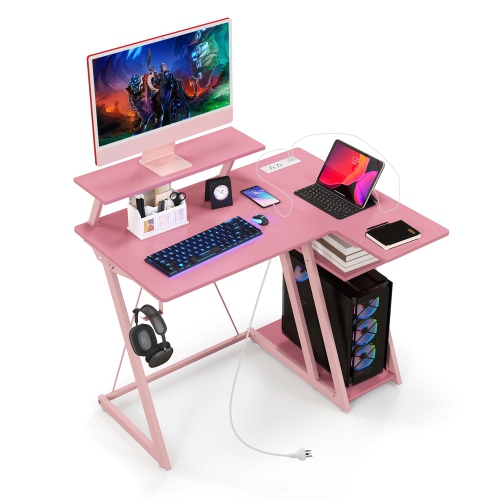 Costway L Shaped Gaming Desk with Outlets & USB Ports Monitor Shelf Headphone Hook