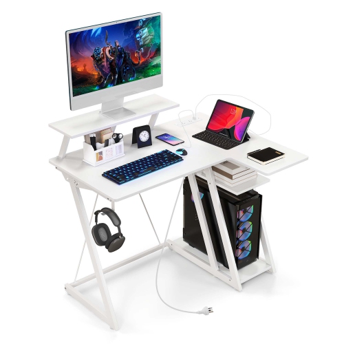 Costway L Shaped Gaming Desk with Outlets & USB Ports Monitor Shelf Headphone Hook