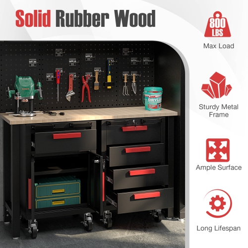 Ensemble d'armoires pour garage et de systèmes de rangement avec panneau perforé et surface de travail en caoutchouc 6PCS de Costway