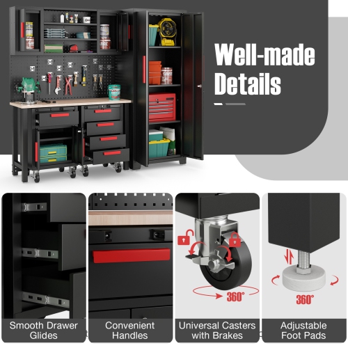 Ensemble d'armoires pour garage et de systèmes de rangement avec panneau perforé et surface de travail en caoutchouc 6PCS de Costway