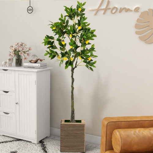 Costway 1 PCS 5.2 FT Tall Artificial Lemon Tree with Lemon Fruits, Cement Pot for Porch, Office