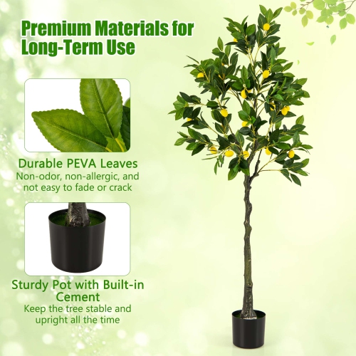 Costway 1 PCS 5.2 FT Tall Artificial Lemon Tree with Lemon Fruits, Cement Pot for Porch, Office