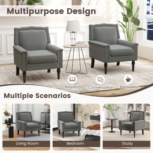 Costway 1 PCS Mid-century Modern Armchair with Thick Cushion & Rubber Wood Legs for Living Room Grey