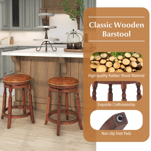 Costway 24" Swivel Bar Stool Set of 2 with Upholstered Seat & Rubber Wood Frame Round Walnut