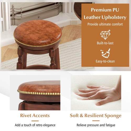 Costway 24" Swivel Bar Stool Set of 2 with Upholstered Seat & Rubber Wood Frame Round Walnut