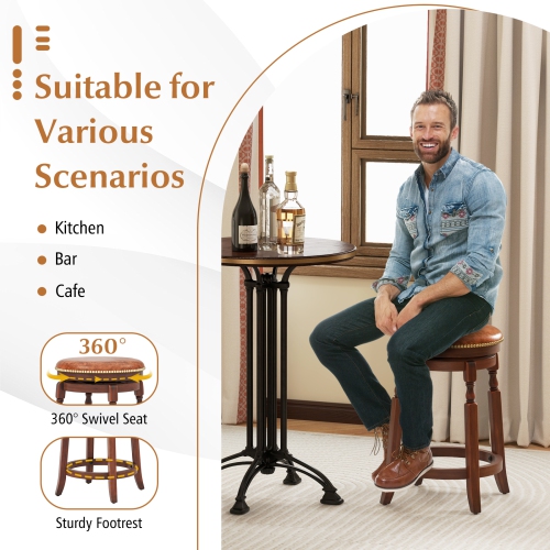 Costway 24" Swivel Bar Stool Set of 2 with Upholstered Seat & Rubber Wood Frame Round Walnut