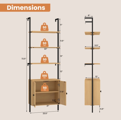 Costway 2 PCS Ladder Bookshelf with Rattan Cabinet 71" Tall Wall Mounted Bookcase Natural