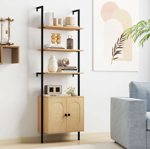 Costway 2 PCS Ladder Bookshelf with Rattan Cabinet 71" Tall Wall Mounted Bookcase Natural