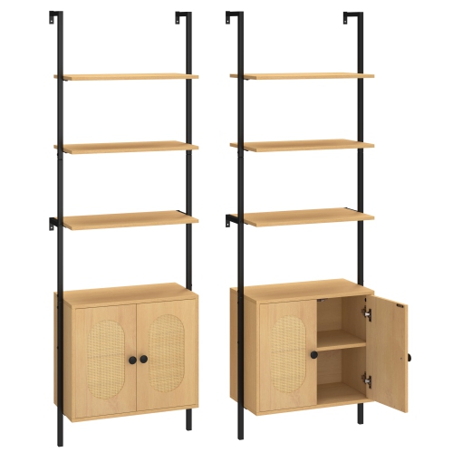 Costway 2 PCS Ladder Bookshelf with Rattan Cabinet 71" Tall Wall Mounted Bookcase Natural