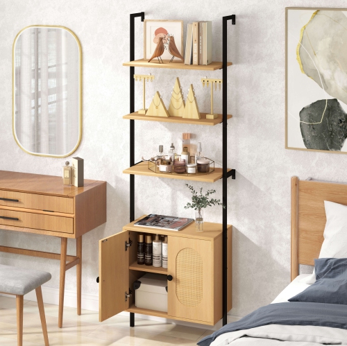 Costway 1 PCS Ladder Bookshelf with Rattan Cabinet 71" Tall Wall Mounted Bookcase Natural