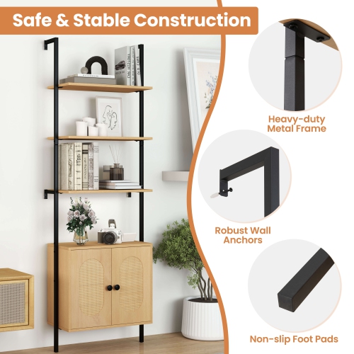 Costway 1 PCS Ladder Bookshelf with Rattan Cabinet 71" Tall Wall Mounted Bookcase Natural