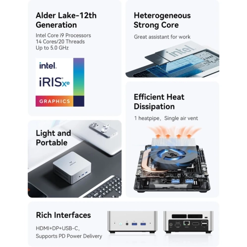 Mini PC UN1290, Intel Core i9-12900HK 14C/20T, Up to 5.0GHz, 32GB RAM, 1TB PCIe 4.0 SSD, 2.5G LAN, HDMI/USB-C/DP1.4, 5 USB Ports, WiFi 6, BT 5.2