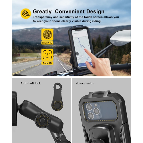 Anti-Theft Waterproof Motorcycle Phone Holder- Bike Phone Mount 1" Ball Handlebar Stem Mobile Holder with Double Socket Arms 720° Rotation Aluminium