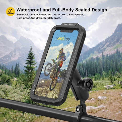 Anti-Theft Waterproof Motorcycle Phone Holder- Bike Phone Mount 1" Ball Handlebar Stem Mobile Holder with Double Socket Arms 720° Rotation Aluminium