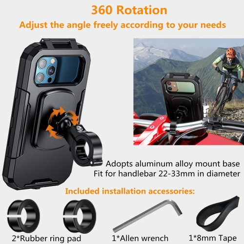 Bike Phone Mount Waterproof, Motorcycle Phone Mount with Aluminum Alloy Handlebar Mount Base & Touch-Screen, 360 Rotation Bike Phone Holder Suitable
