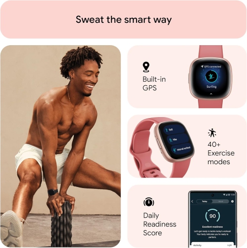 Fitbit Versa 4 Fitness Smartwatch with Daily Readiness, GPS, 24/7 Heart Rate, 40+ Exercise Modes, Sleep Tracking, Pink Sand/Copper Rose, One Size