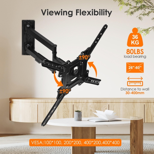 26-60 inch Full Motion TV Wall Mount Hold up to 80lbs and Max VESA 400x400mm, Wall Mount Corner Bracket with Articulating Arm, Swivel & Tilt Extension